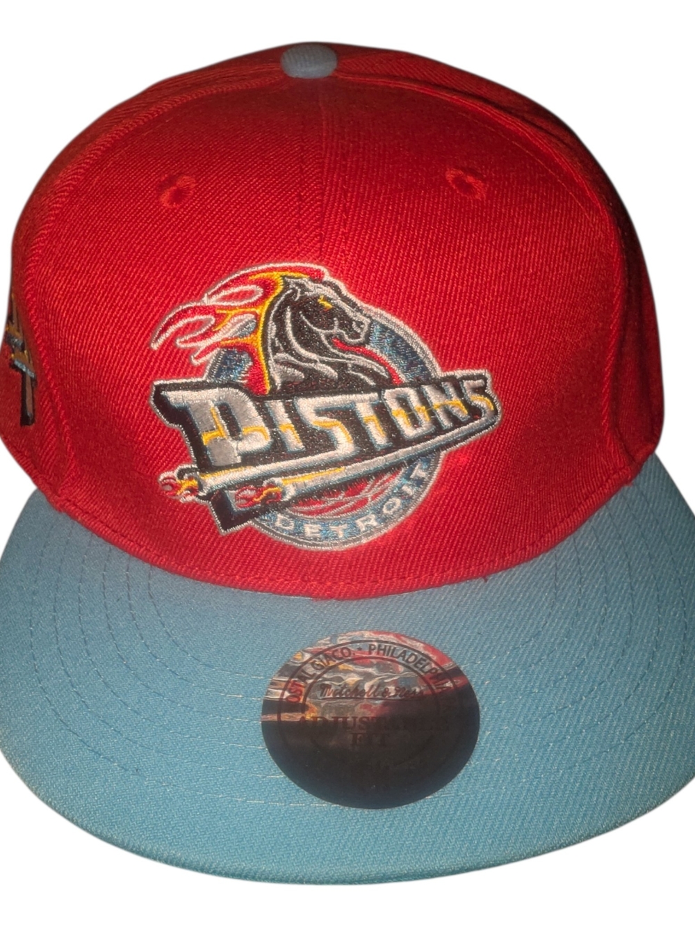 Detroit Pistons Red & Light Blue Snapback Hat Mid 90's Colorway